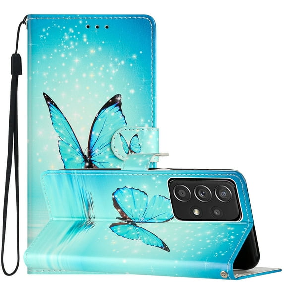Case for Samsung Galaxy A23 5G Flowers Butterfly Pattern Wallet Cover, Premium PU Leather Card Slots Holder Magnetic Clasp Flip Case with Kickstand Soft TPU Shockproof Case,Blue Butterfly
