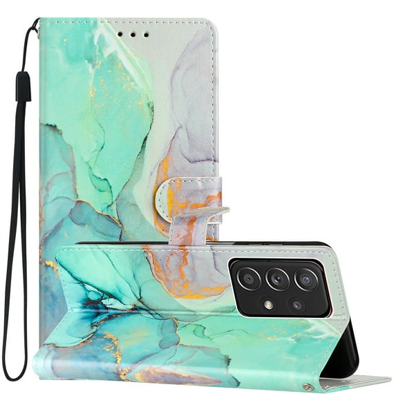 Case for Samsung Galaxy A23 5G Flowers Butterfly Pattern Wallet Cover, Premium PU Leather Card Slots Holder Magnetic Clasp Flip Case with Kickstand Soft TPU Shockproof Case,Green Marble