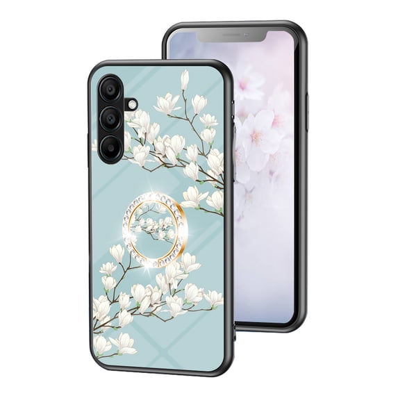 Case for Samsung Galaxy A25 5G, Tempered Glass Back +TPU Frame, Floral Pattern Diamond Ring Stand Ultra Slim Lightweight Anti-Scratch Back Case Drop Protective Support Magnetic Car Mount - Green