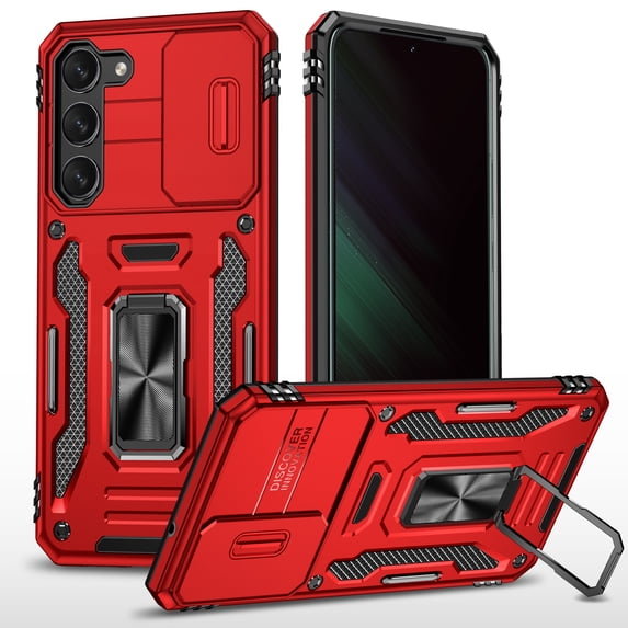 Case for Samsung Galaxy A25,Decase Heavy Duty Phone Cover Built-in Slide Anti-Scratch Camera Lens Cover & Magnetic Ring Kickstand,Military Grade Shockproof Case for Galaxy A25,Red