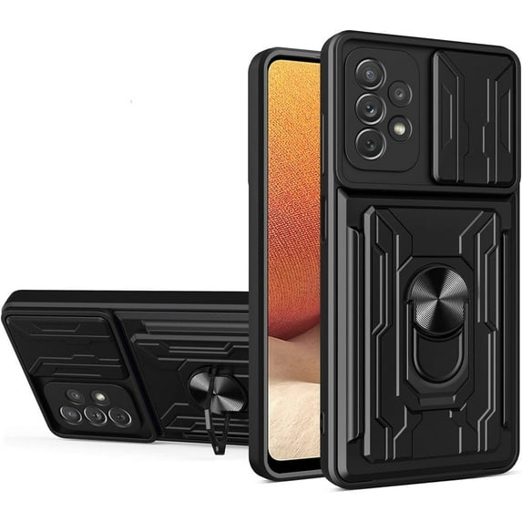 Case for Samsung Galaxy A32 4G (Not 5G) with Card Holder, Heavy Duty Protection Phone Case with Magnetic Ring Kickstand Slide Camera Cover for Samsung Galaxy A32 4G LJK Black