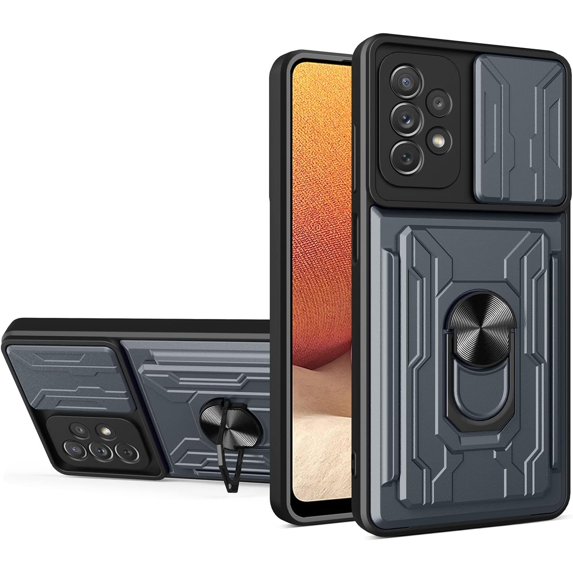 Case for Samsung Galaxy A32 4G (Not 5G) with Card Holder, Heavy Duty Protection Phone Case with Magnetic Ring Kickstand Slide Camera Cover for Samsung Galaxy A32 4G LJK Gray