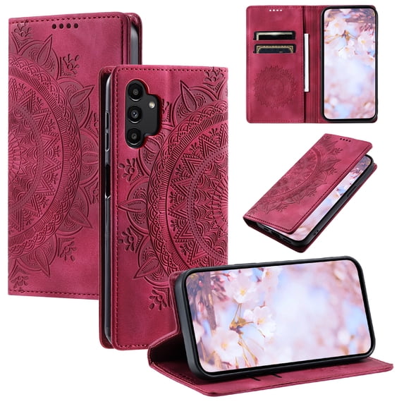 Case for Samsung Galaxy A32 4G Wallet Case for Women Girls with Card Holder, Embossed Flower Pattern Magnetic Flip PU Leather Purse Protective Phone Cover for Samsung Galaxy A32 4G, Red