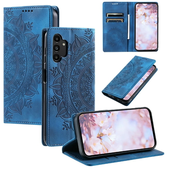 Case for Samsung Galaxy A32 4G Wallet Case for Women Girls with Card Holder, Embossed Flower Pattern Magnetic Flip PU Leather Purse Protective Phone Cover for Samsung Galaxy A32 4G, Blue