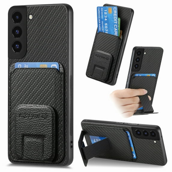 Case for Samsung Galaxy A32 5G with Hidden Kickstand, Carbon Fiber Texture Wallet Case with Card Holder for Galaxy A32 5G Magnetic Car Mount Shockproof Military Grade Protection Cover, Black
