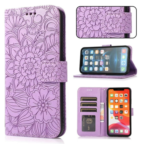 Case for Samsung Galaxy A32 5G, Premium Leather Magnetic Closure Slim Flip Wallet Phone Case with Card Holder Cash Slot Stand Function Embossed Flower Shockproof Lanyard Cover - Purple