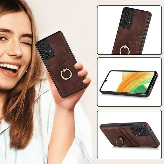 Case for Samsung Galaxy A33 5G with Kickstand Ring Holder Card Slots Phone Cover, PU Leather Shockproof Drop Resistant Soft TPU Protective Case for Samsung Galaxy A33 5G 6.4 Inch,Coffee