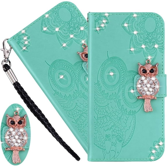 Case for Samsung Galaxy A33 5G (not 4g) with Credit Cards Pocket, Glitter Bling Diamond PU Leather Wallet Phone Case with Wsrist String Flip Cover for Samsung Galaxy A33 5G Owl Green