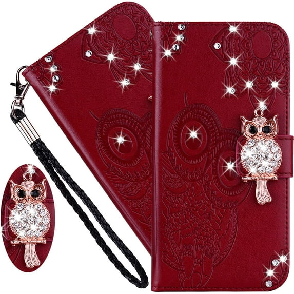 Case for Samsung Galaxy A33 5G (not 4g) with Credit Cards Pocket, Glitter Bling Diamond PU Leather Wallet Phone Case with Wsrist String Flip Cover for Samsung Galaxy A33 5G Owl Red