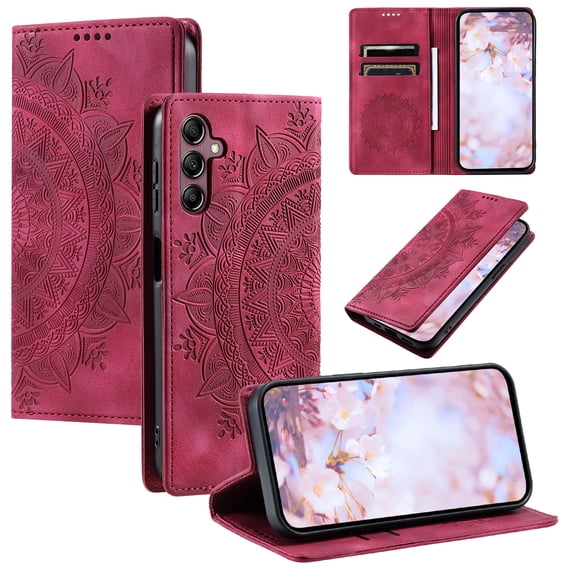 Case for Samsung Galaxy A34 5G Wallet Case for Women Girls with Card Holder, Embossed Flower Pattern Magnetic Flip PU Leather Purse Protective Phone Cover for Samsung Galaxy A34 5G, Red