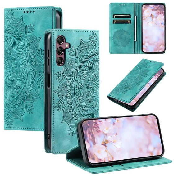 Case for Samsung Galaxy A35 Wallet Case for Women Girls with Card Holder, Embossed Flower Pattern Magnetic Flip PU Leather Purse Protective Phone Cover for Samsung Galaxy A35, Green