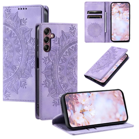 Case for Samsung Galaxy A35 Wallet Case for Women Girls with Card Holder, Embossed Flower Pattern Magnetic Flip PU Leather Purse Protective Phone Cover for Samsung Galaxy A35, Purple