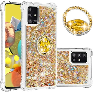 Case for Samsung Galaxy A51 5G, Galaxy A51 5G Liquid Case Glitter Clear TPU Cute Love Moving Quicksand Sparkle Phone Case with Stand Liquid Shockproof Cover for Samsung Galaxy A51 5G Gold YBZ