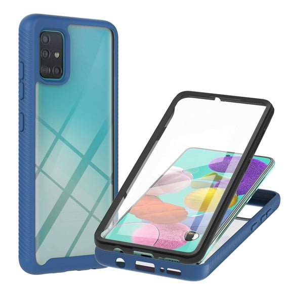 Case for Samsung Galaxy A51 with Built-in Screen Protector, Hybrid Rugged Full Body Drop Protection Shockproof Anti-Scratch Transparent Clear PC Back Phone Cover, Blue