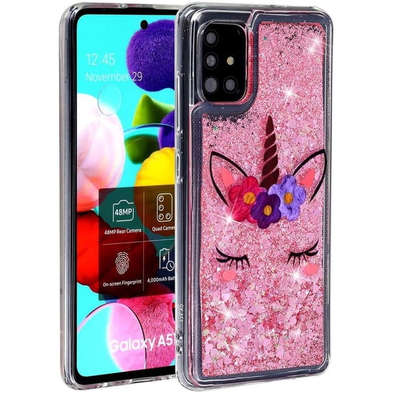 Case for Samsung Galaxy A51, Galaxy A51 Case Cute Pink Glitter Luxury Sparkle Liquid for Girls Women Quicksand Clear Soft TPU Protective Phone Case for Samsung Galaxy A51 Wink Unicorn