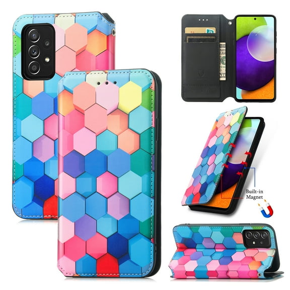 Case for Samsung Galaxy A52 Case, Galaxy A52 5G Case Wallet Case PU Leather and Hard PC RFID Blocking Slim Durable Protective Phone Case Cover For Samsung A52 5G,Rainbow Cube
