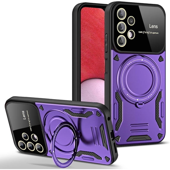 Case for Samsung Galaxy A52 with Magnetic Attraction 360° Ring Stand Cover for Samsung Galaxy A52 with Screen Camera Protector Hard PC TPU Case Purple