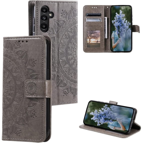 Case for Samsung Galaxy A54 5G, Premium PU Leather Magnetic Flip Wallet Case with Card Holder Cash Slot Lanyard Strap Kickstand Function Embossed Mandala Flower Pattern Shockproof Cover - Gray