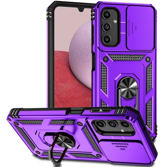 Case for Samsung Galaxy A55 with Camera Lens Sliding Cover, Heavy Duty Rugged Ring Stand Case, Military Grade Drop Resistant Magnetic Car Mount Shockproof Case for Samsung Galaxy A55, Purple