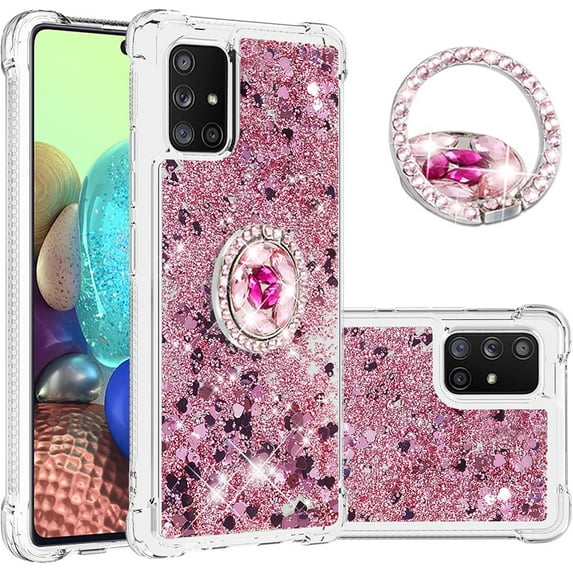 Case for Samsung Galaxy A71 5G, Galaxy A71 5G Case Glitter Clear TPU Cute Love Moving Quicksand Sparkle Phone Case with Stand Liquid Shockproof Cover for Samsung Galaxy A71 5G Rose Gold YBZ
