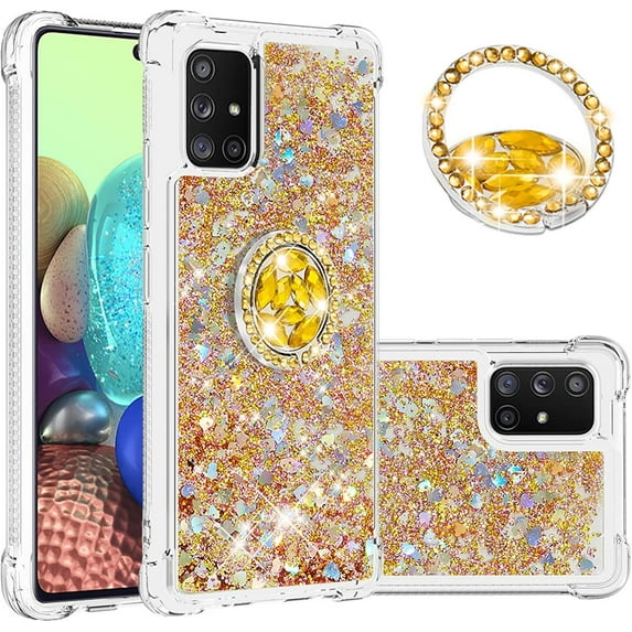 Case for Samsung Galaxy A71 5G, Galaxy A71 5G Liquid Case Glitter Clear TPU Cute Love Moving Quicksand Sparkle Phone Case with Stand Liquid Shockproof Cover for Samsung Galaxy A71 5G Gold YBZ