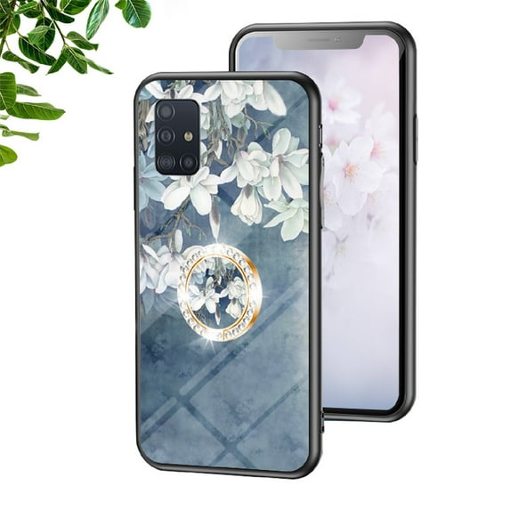 Case for Samsung Galaxy A71 5G, Slim Glass Case with Soft TPU Shockproof Ring Stand Flower Pattern Design Stylish Protective Cover for Samsung Galaxy A71 5G 6.7-Inch,Chinese Rose