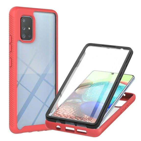 Case for Samsung Galaxy A71 with Built-in Screen Protector, Hybrid Rugged Full Body Drop Protection Shockproof Anti-Scratch Transparent Clear PC Back Phone Cover, Red