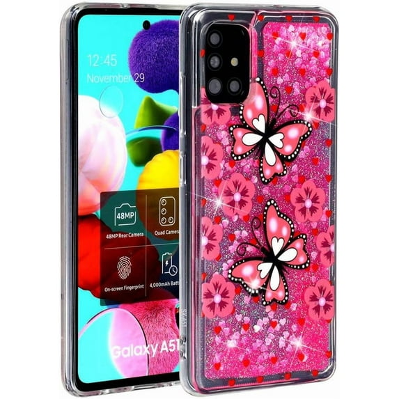 Case for Samsung Galaxy A71, Galaxy A71 Case Cute Pink Glitter Luxury Sparkle Liquid for Girls Women Quicksand Clear Soft TPU Protective Phone Case for Samsung Galaxy A71 Pink Butterfly