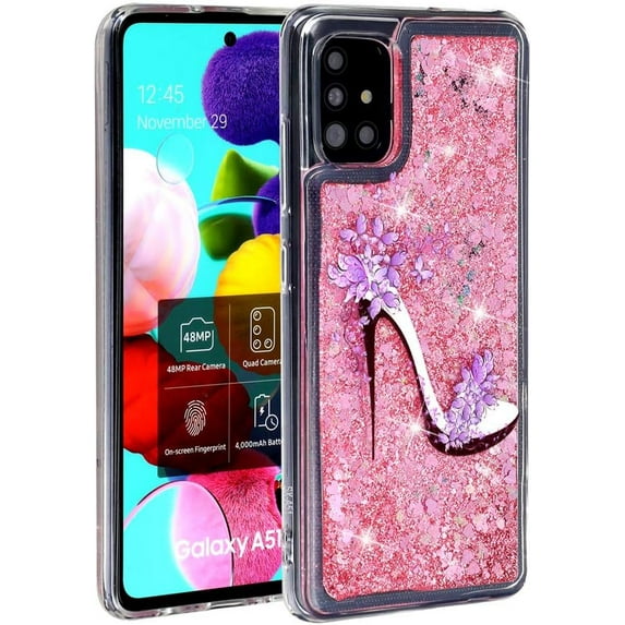 Case for Samsung Galaxy A71, Galaxy A71 Case Cute Pink Glitter Luxury Sparkle Liquid for Girls Women Quicksand Clear Soft TPU Protective Phone Case for Samsung Galaxy A71 Pink High Heel