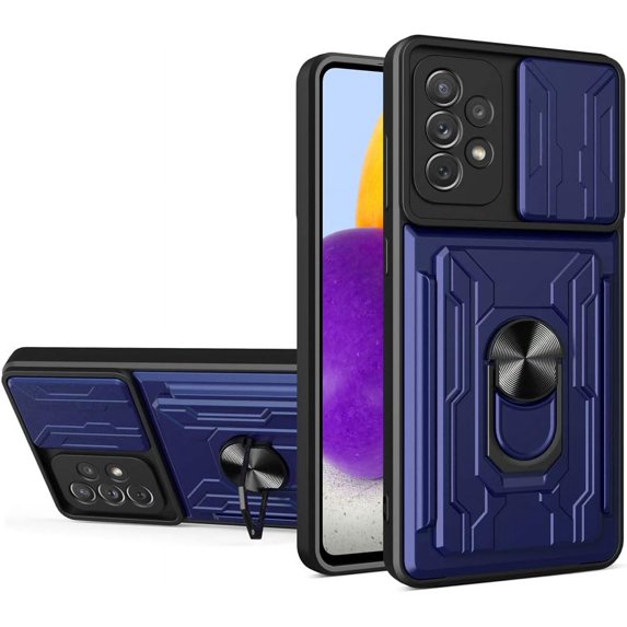 Case for Samsung Galaxy A73 with Card Holder, Heavy Duty Protection Phone Case with Magnetic Ring Kickstand Slide Camera Cover for Samsung Galaxy A73 Blue