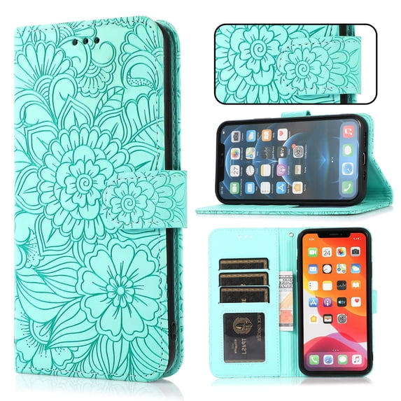 Case for Samsung Galaxy Note 10 Plus, Premium Leather Magnetic Closure Slim Flip Wallet Phone Case with Card Holder Cash Slot Stand Function Embossed Flower Shockproof Lanyard Cover - Green