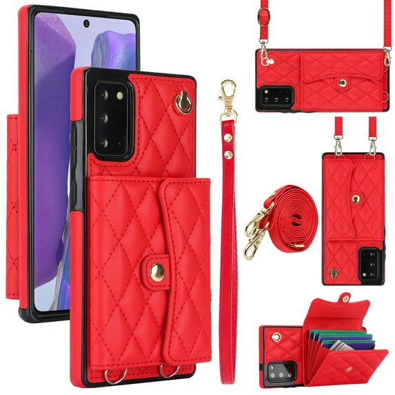Case for Samsung Galaxy Note 20, Crossbody Wristlet Case Wallet with RFID Blocking Card Slots KickStand Flip Folio PU Leather Magnetic Protective Cover Women for Galaxy Note 20, Red