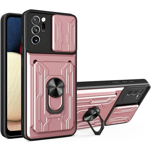 Case for Samsung Galaxy Note 20 Ultra 5G with Card Holder, Heavy Duty Protection Phone Case with Magnetic Ring Kickstand Slide Camera Cover for Samsung Galaxy Note 20 Ultra 4G/5G LJK Rose Gold