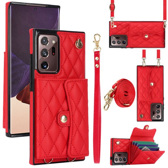 Case for Samsung Galaxy Note 20 Ultra, Crossbody Wristlet Case Wallet with RFID Blocking Card Slots KickStand Flip Folio PU Leather Magnetic Protective Cover Women for Galaxy Note 20 Ultra, Red