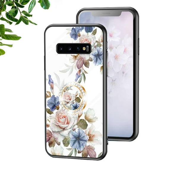 Case for Samsung Galaxy S10 5G, Slim Glass Case with Soft TPU Shockproof Ring Stand Flower Pattern Design Stylish Protective Cover for Samsung Galaxy S10 5G 6.7-Inch,White Flower Bush