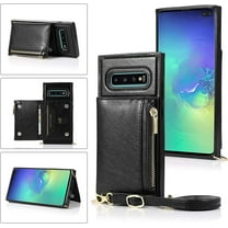 Case for Samsung Galaxy S10, PU Leather Zipper Wallet Handbag Case with Card Holder Slots with Crossbody Wrist Strap Kickstand Magnetic Clasp Soft TPU Bumper Flip Case Cover - Black
