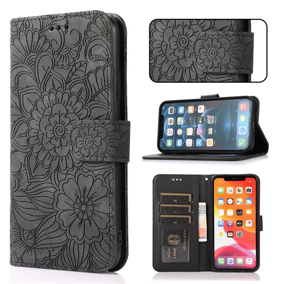 Case for Samsung Galaxy S10 Plus, Premium Leather Magnetic Closure Slim Flip Wallet Phone Case with Card Holder Cash Slot Stand Function Embossed Flower Shockproof Lanyard Cover - Black
