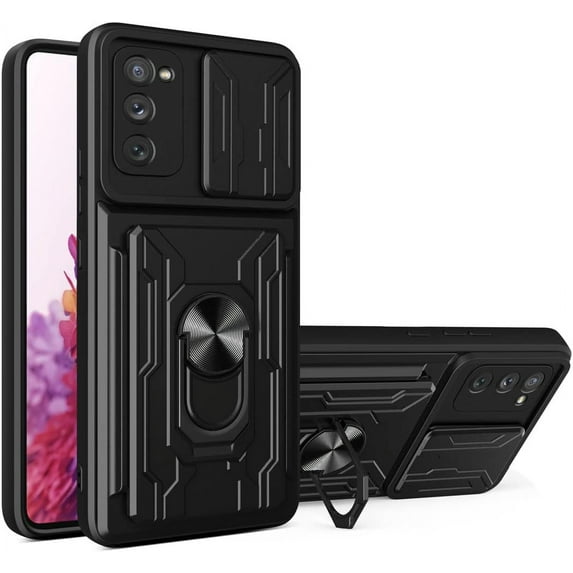 Case for Samsung Galaxy S20 FE with Card Holder, Heavy Duty Protection Phone Case with Magnetic Ring Kickstand Slide Camera Cover for Samsung Galaxy S20 FE LJK Black