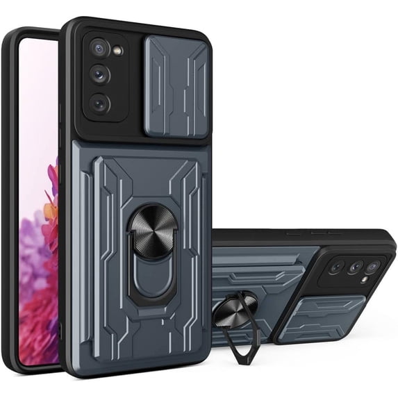 Case for Samsung Galaxy S20 FE with Card Holder, Heavy Duty Protection Phone Case with Magnetic Ring Kickstand Slide Camera Cover for Samsung Galaxy S20 FE LJK Gray