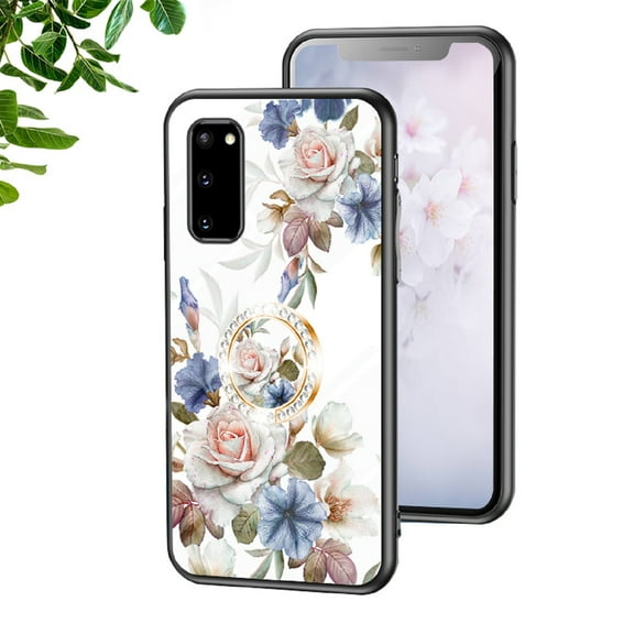 Case for Samsung Galaxy S20 FE, Slim Glass Case with Soft TPU Shockproof Ring Stand Flower Pattern Design Stylish Protective Cover for Samsung Galaxy S20 FE 6.5-Inch,White Flower Bush