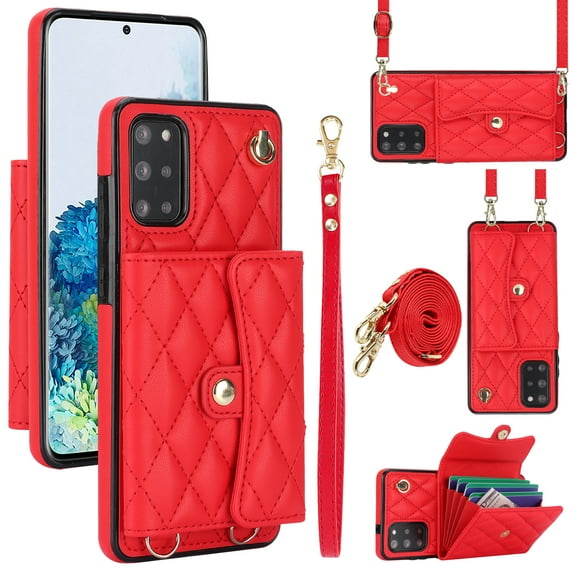 Case for Samsung Galaxy S20 Plus, Crossbody Wristlet Case Wallet with RFID Blocking Card Slots KickStand Flip Folio PU Leather Magnetic Protective Cover Women for Samsung Galaxy S20 Plus, Red