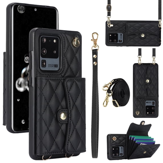Case for Samsung Galaxy S20 Ultra, Crossbody Wristlet Case Wallet with RFID Blocking Card Slots KickStand Flip Folio PU Leather Magnetic Protective Cover Women for Samsung Galaxy S20 Ultra, Black