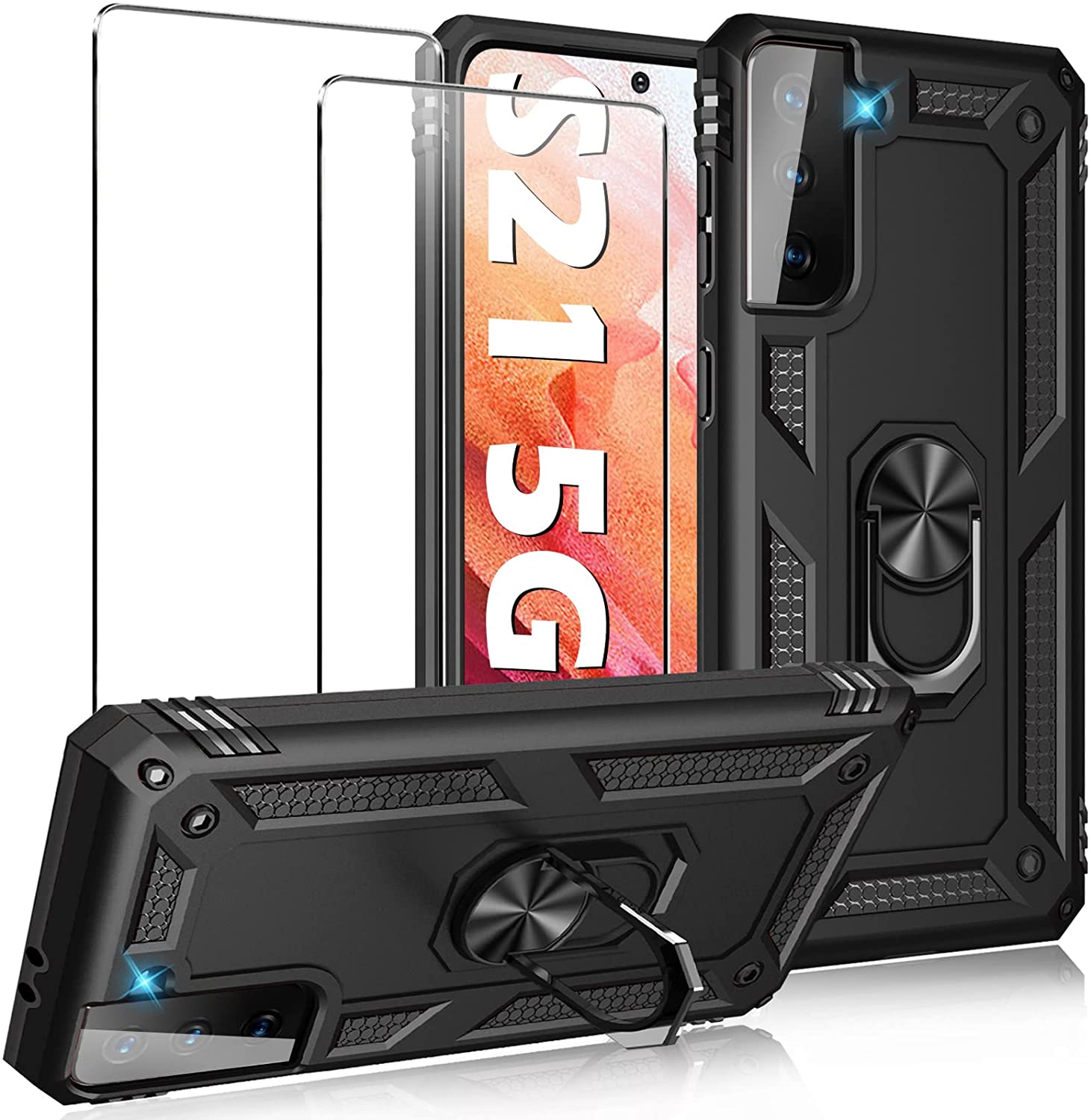 Case for Samsung Galaxy S21 5G Case Heavy Duty with Built in Screen Protector Hard  Military Anti-Fall Bumper Cover for Samsung S21 5G 6.2 2021 Phone Cases with Magnetic Ring Kickstand Black