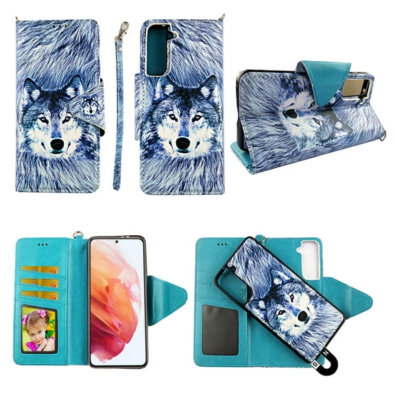 Case For Samsung Galaxy S21 6.2 2021 Detachable Magnetic Wallet Pu Leather Cover Flap Closure Snap-on Book Style Cases Cash Pocket with Card Slots Holder Wrist Strap 2 in 1 Folio Snow Wolf