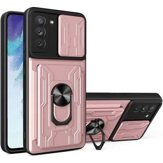 Case for Samsung Galaxy S21 with Card Holder, Heavy Duty Protection Phone Case with Magnetic Ring Kickstand Slide Camera Cover for Samsung Galaxy S21 Rose Gold