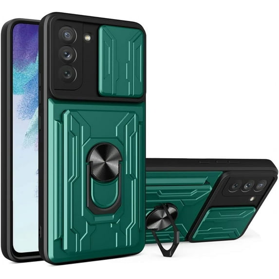 Case for Samsung Galaxy S21 with Card Holder, Heavy Duty Protection Phone Case with Magnetic Ring Kickstand Slide Camera Cover for Samsung Galaxy S21 Green