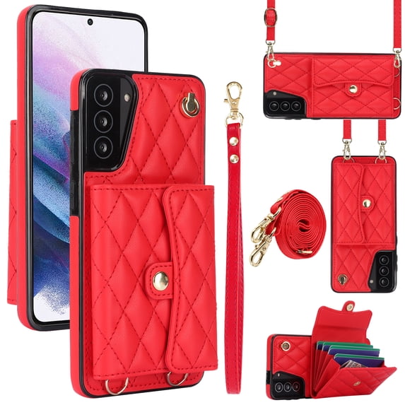 Case for Samsung Galaxy S21, Crossbody Wristlet Case Wallet with RFID Blocking Card Slots KickStand Flip Folio PU Leather Magnetic Protective Cover Women for Samsung Galaxy S21, Red