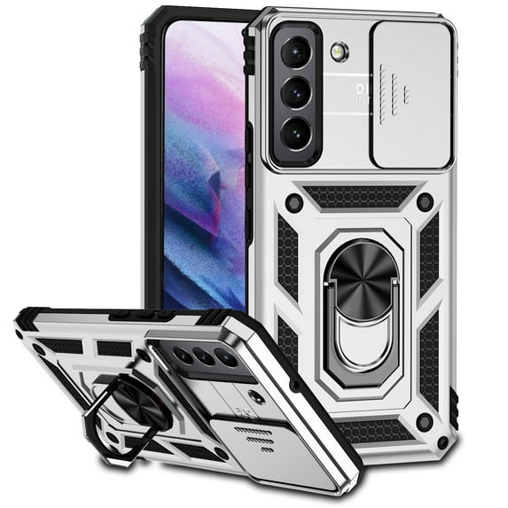 Case for Samsung Galaxy S21 FE 5G (2022), Metal Ring Holder Kickstand Slide Camera Lens Protector Shockproof Drop Resistance Hybrid Rugged Case Cover for Samsung S21 FE 5G 6.4", Silver