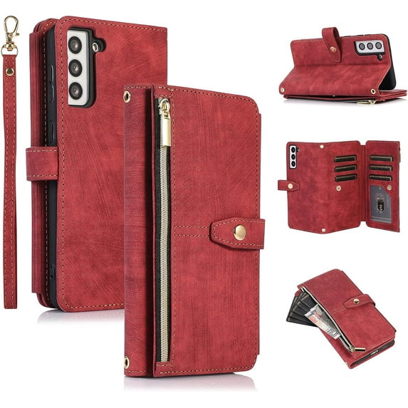 Case for Samsung Galaxy S21 FE 5G, 9 Card Slots Retro Leather Wallet Shockproof Flip Cover with Hand Strap Card Slots Zipper Pocket Kickstand Handbag Magnetic Closure - Retro Red Wine