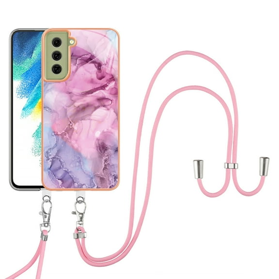 Case for Samsung Galaxy S21 FE, Adjustable Detachable Crossbody Strap Neck Strap Silicone Bumper Marble Painted TPU Ultra Thin Shockproof Protective Phone Case Cover for Galaxy S21 FE, Pink